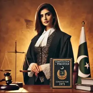 Woman wearing a black robe standing in front of a green and white flag with a crescent moon